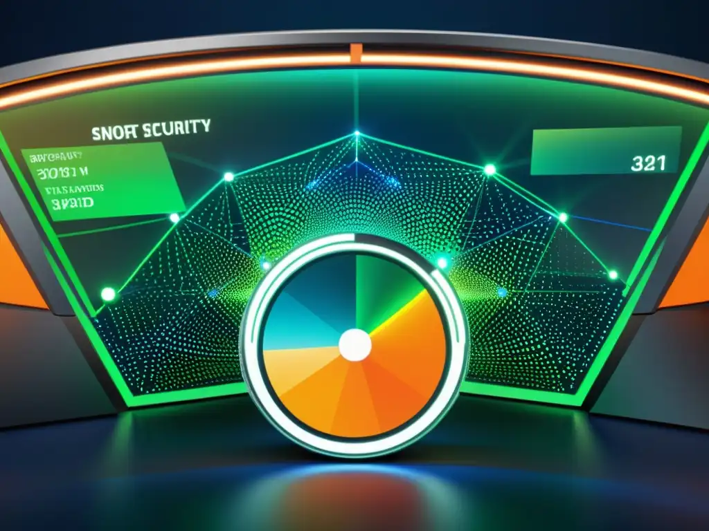 Panel de seguridad de red futurista con visualizaciones de datos en 3D, destacando las diferencias entre Snort y Suricata