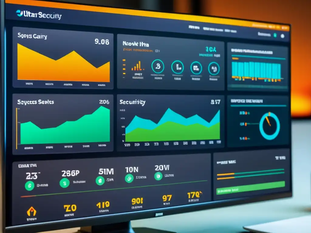 Panel de seguridad de red con gráficos detallados, mostrando casos reales éxito firewalls código abierto y defensas proactivas