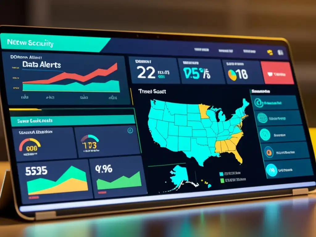 Un panel de seguridad de red con gráficos futuristas que muestra la detección y prevención de amenazas en tiempo real