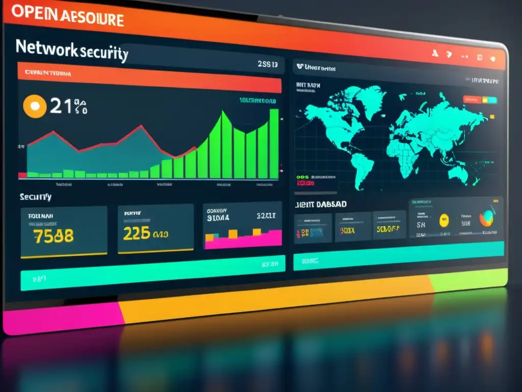 Un panel de seguridad de red con patrones efectivos para IDS Open Source, mostrando gráficos dinámicos y alertas en tiempo real