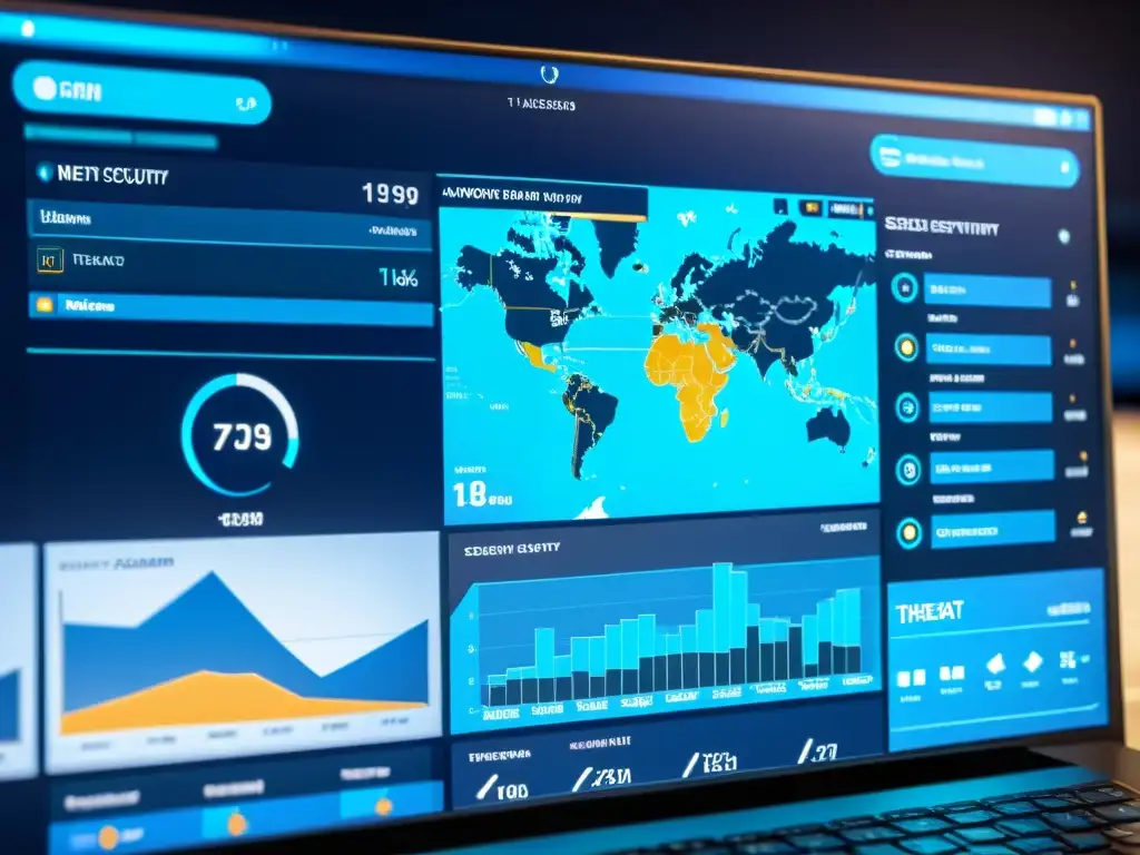 Un panel de seguridad de red con visualizaciones de datos y monitoreo de amenazas en tiempo real, iluminado por una suave luz azul