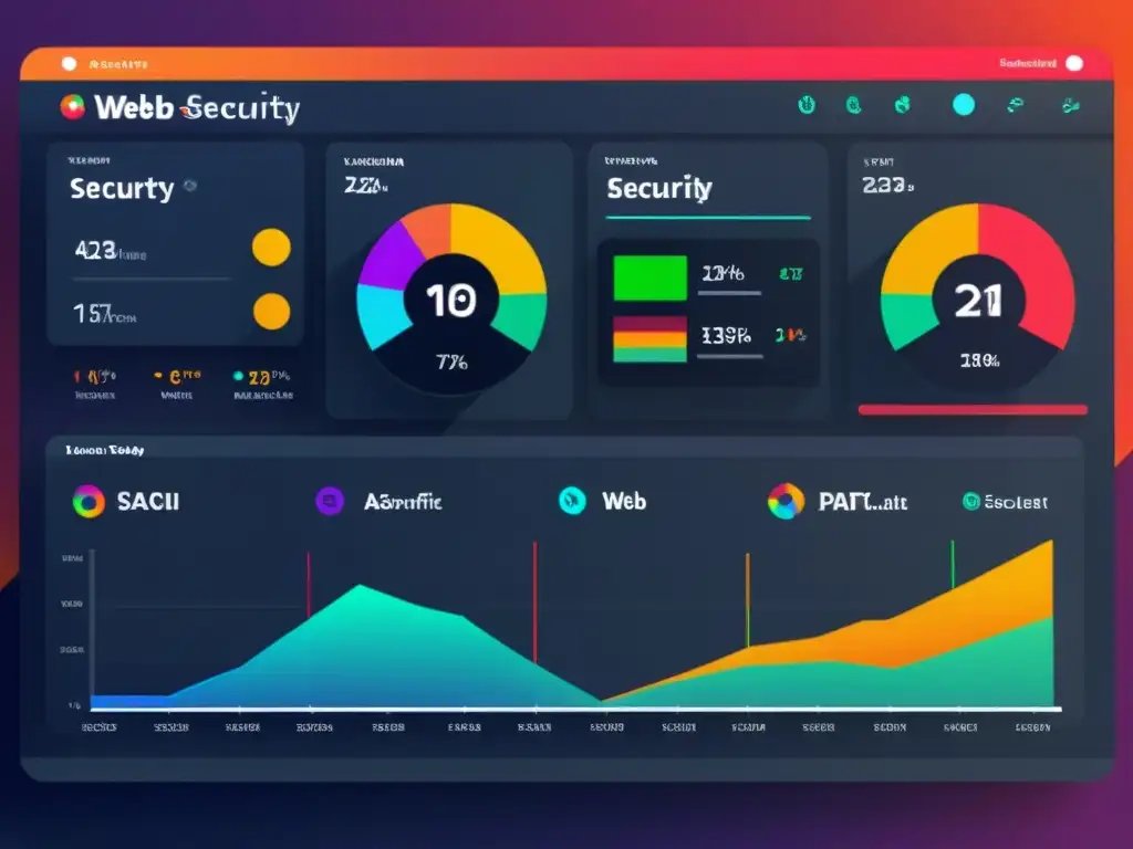 Un panel de seguridad web futurista, con monitoreo de vulnerabilidades en tiempo real y visualizaciones de datos dinámicas