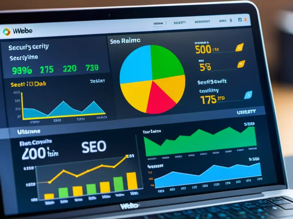 Un panel de seguridad web y SEO detallado y dinámico, con gráficos vibrantes y datos en tiempo real