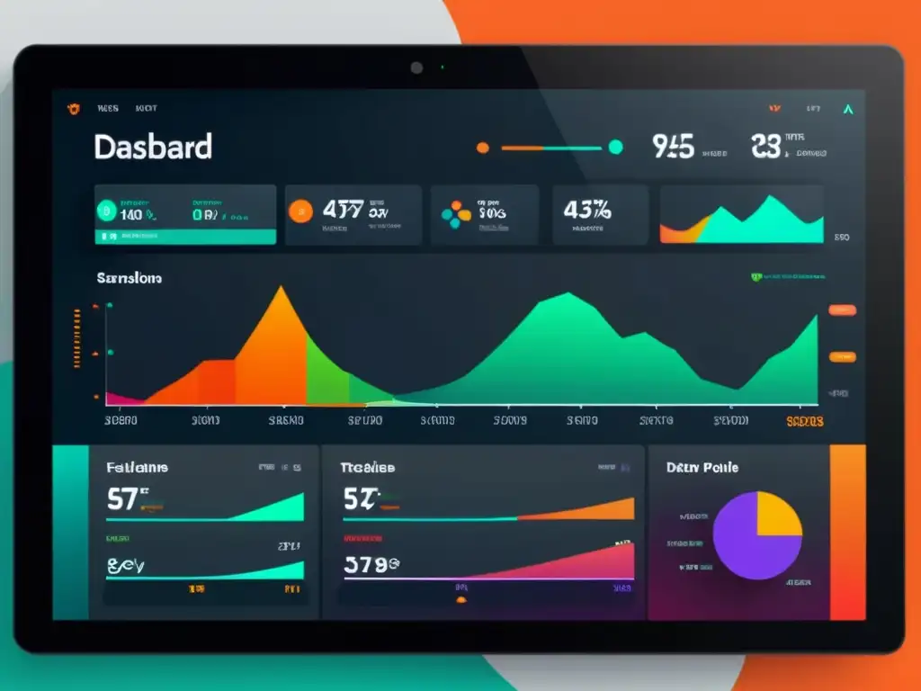 Un panel web futurista y dinámico para optimizar proyecto desarrollo web con Webpack, con visualizaciones de datos y colores vibrantes