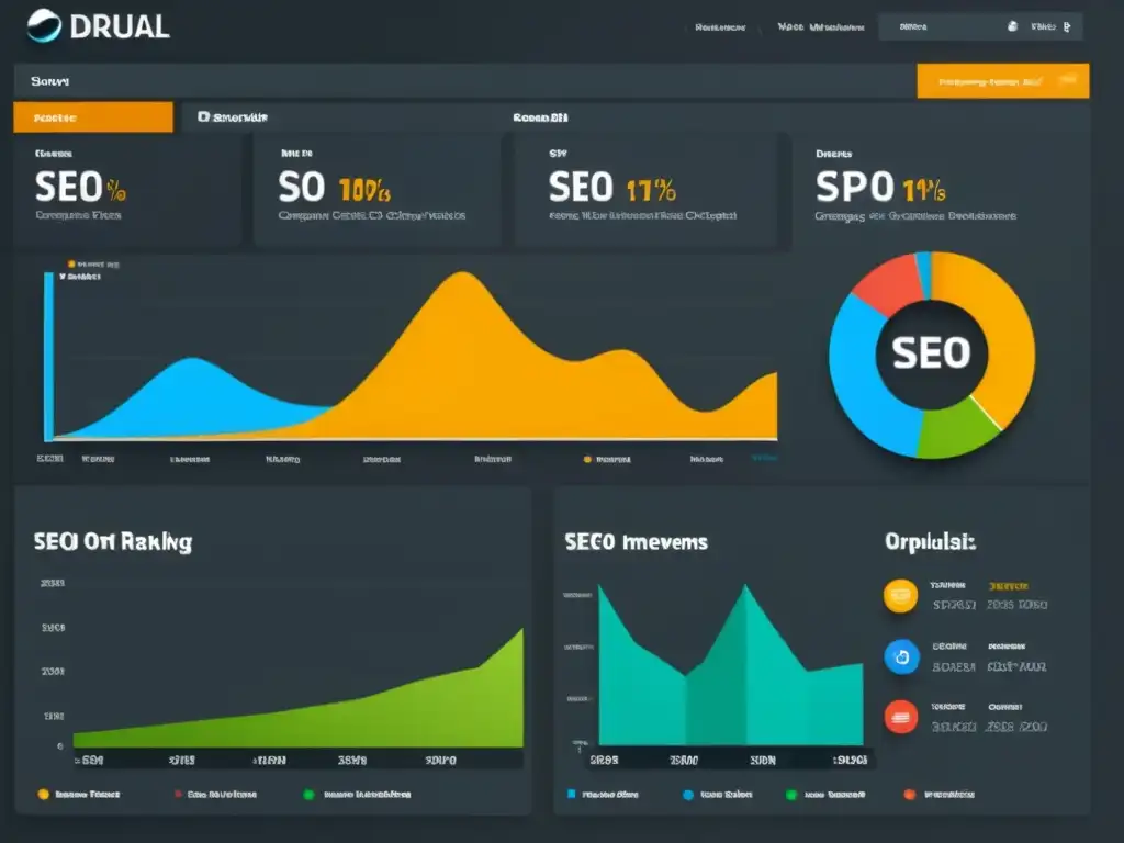 Panel web moderno con analítica SEO detallada y herramientas de optimización específicas para Drupal