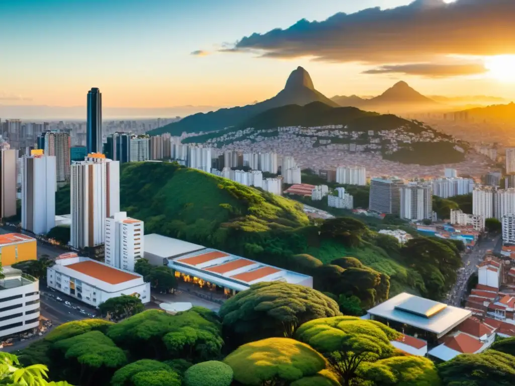 Panorámica de una bulliciosa ciudad latinoamericana, con edificios gubernamentales modernos y monumentos históricos, rodeados de vegetación