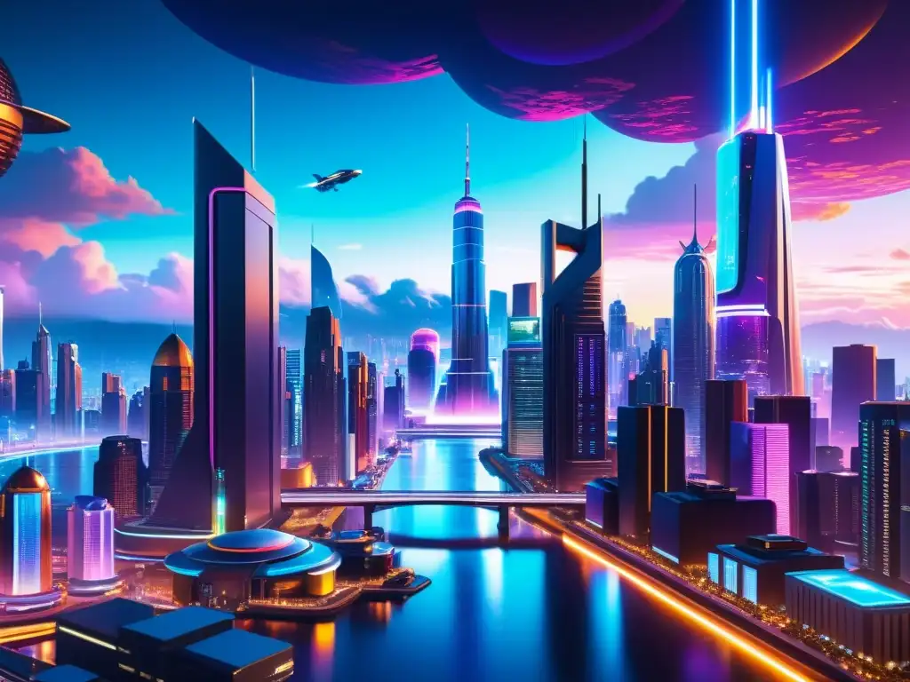 Una panorámica futurista de una ciudad cyberpunk, con edificios altos, hologramas y vehículos voladores