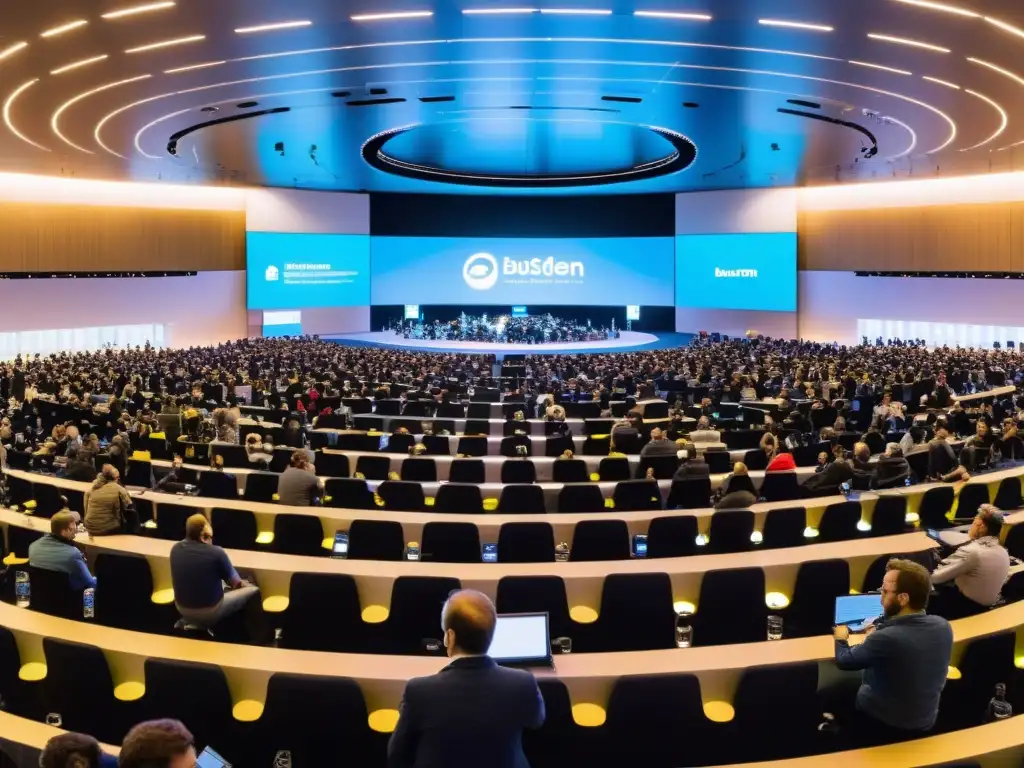 Panorámica de sala de conferencias FOSDEM, llena de asistentes en dinámicas conversaciones, talleres y tendencias software código abierto