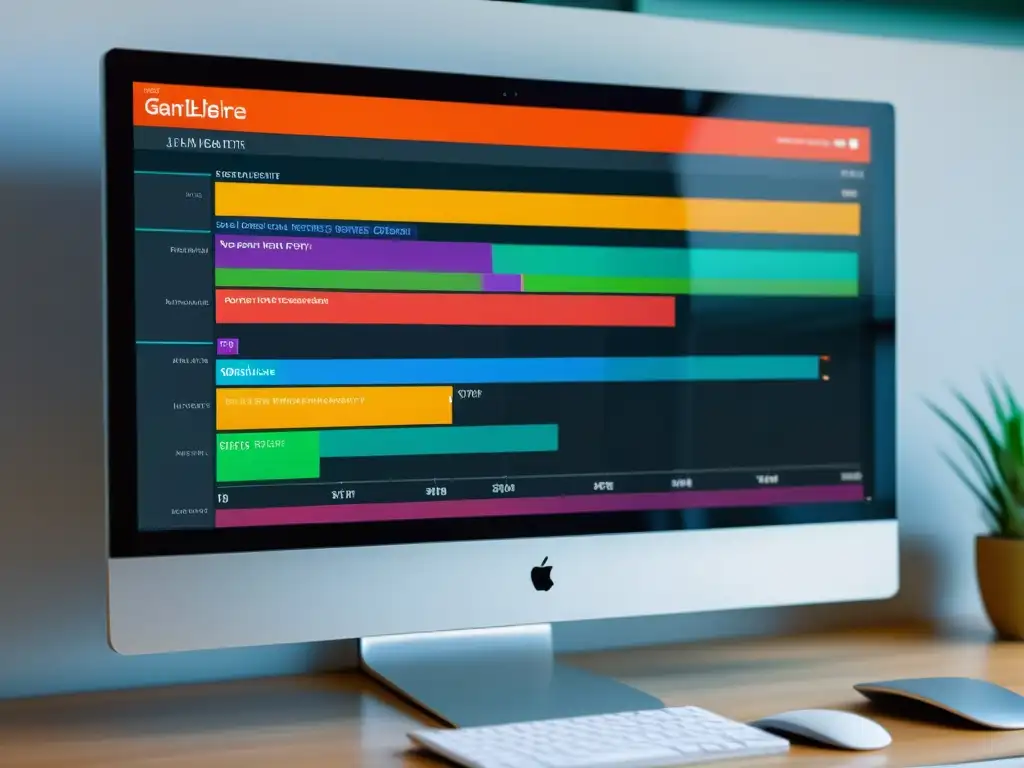 Una pantalla de computadora futurista muestra un gráfico de Gantt y línea de tiempo en ProjectLibre