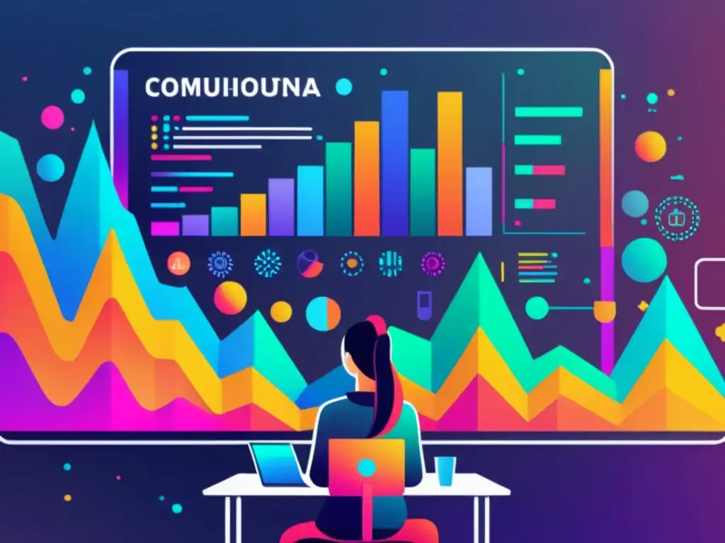 Una pantalla de computadora muestra gráficos coloridos que representan datos de análisis de sentimientos, rodeada de íconos estilizados de personas