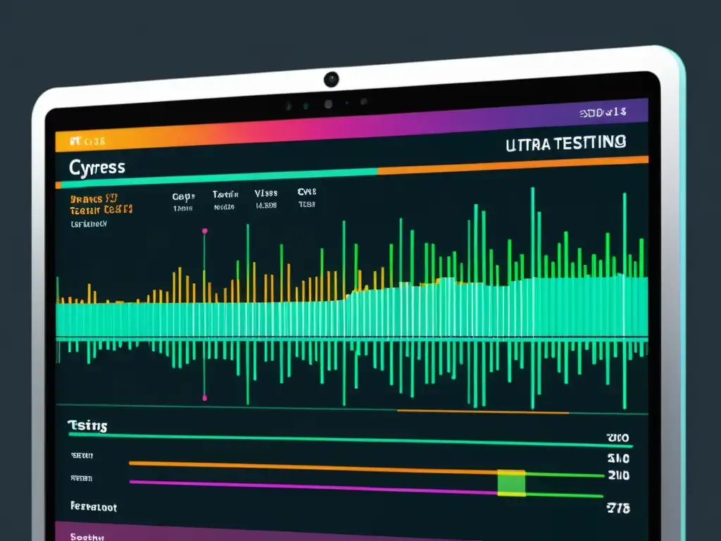 Una pantalla de computadora muestra la interfaz de pruebas Cypress con código y visualizaciones coloridas, transmitiendo un tono profesional y moderno