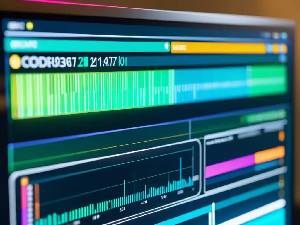 Una pantalla de computadora muestra líneas de código con colores vibrantes y tipografía futurista