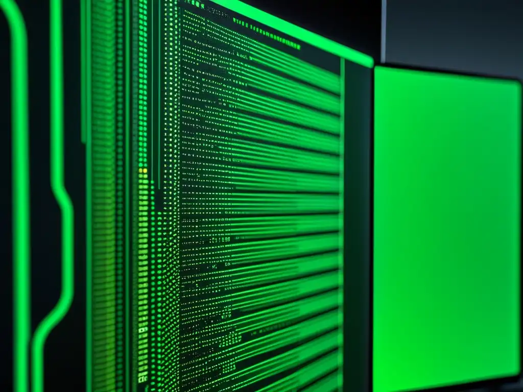 Una pantalla de computadora muestra líneas de código en verde y negro, con gráficos digitales de ciberseguridad