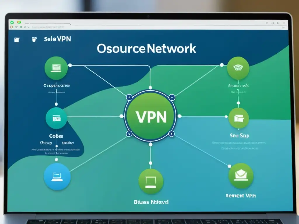 Una pantalla de computadora moderna muestra un detallado diagrama de red de un VPN de código abierto funcionamiento