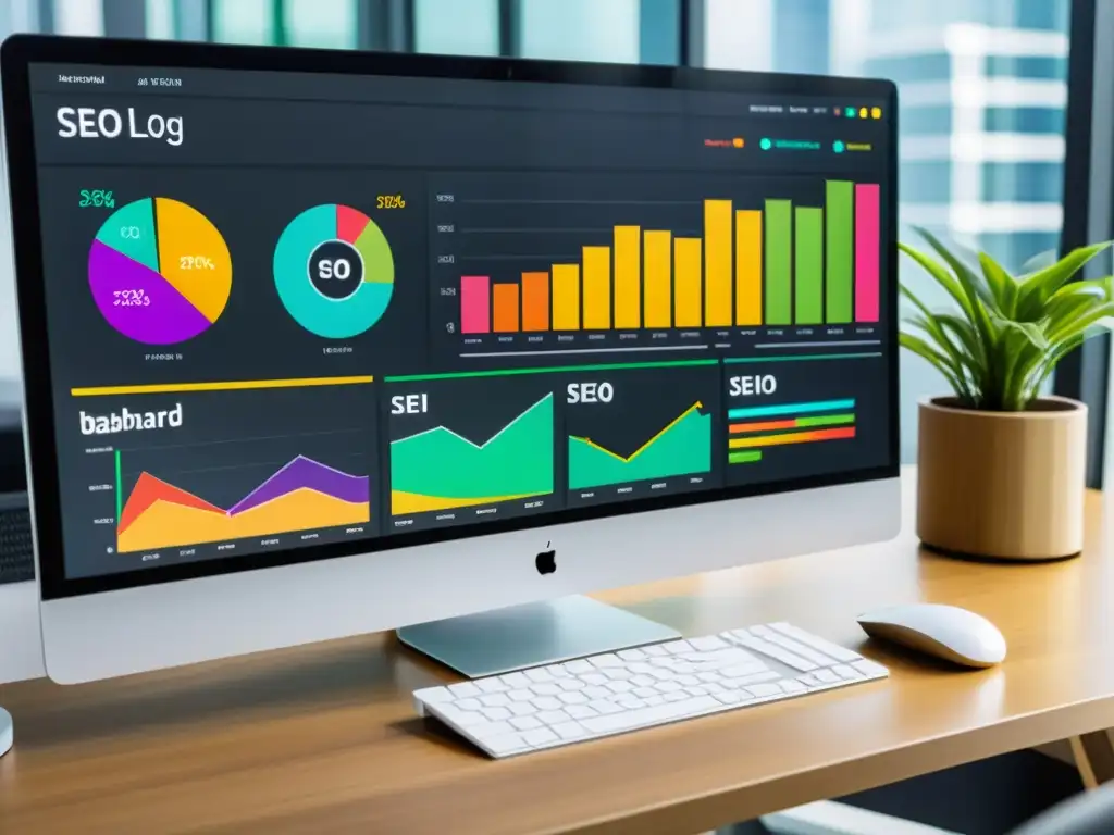 Una pantalla de computadora moderna muestra un detallado panel de análisis de logs SEO