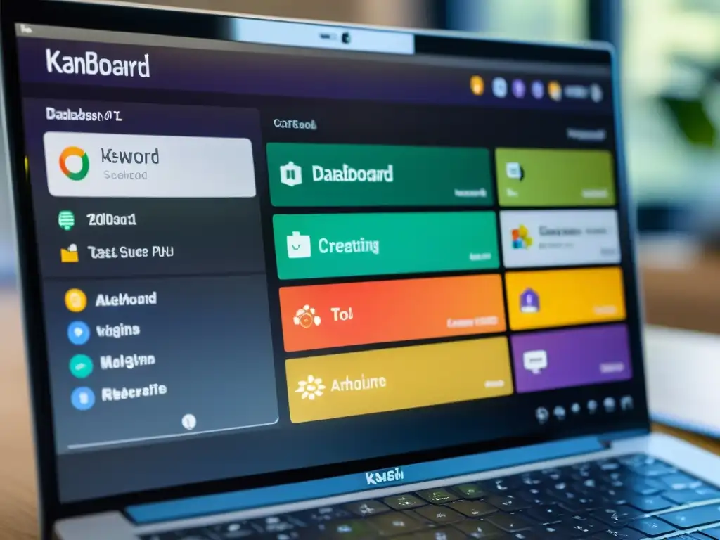 Una pantalla de computadora muestra el panel de control de Kanboard con herramientas de integración y complementos de código abierto