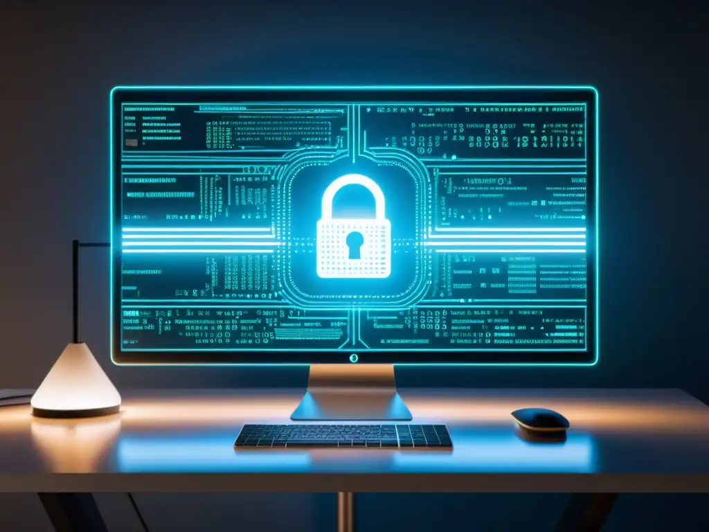Una pantalla de computadora transparente muestra código y datos, con un icono de candado digital en el centro