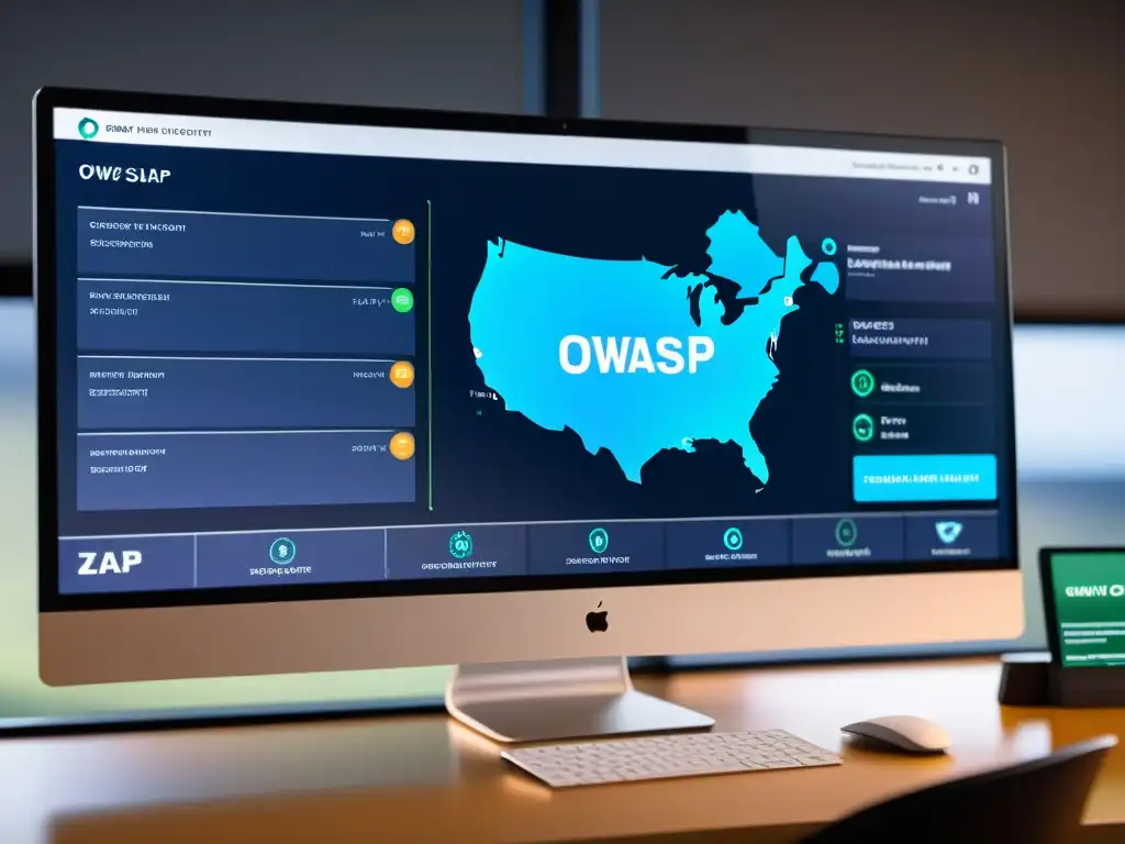 Interfaz OWASP ZAP en pantalla 8k, con herramientas de auditorías seguridad open source en entorno profesional y educativo