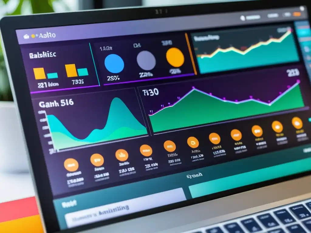 Una pantalla de ordenador muestra una analítica avanzada Matomo para marketing digital con visualizaciones de datos vibrantes y gráficos futuristas