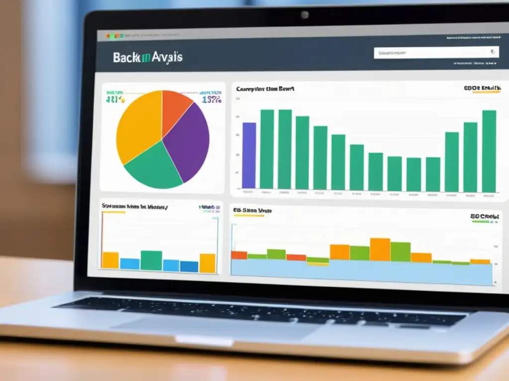 Una pantalla de ordenador muestra un detallado informe de análisis de backlinks con gráficos coloridos y métricas fáciles de entender