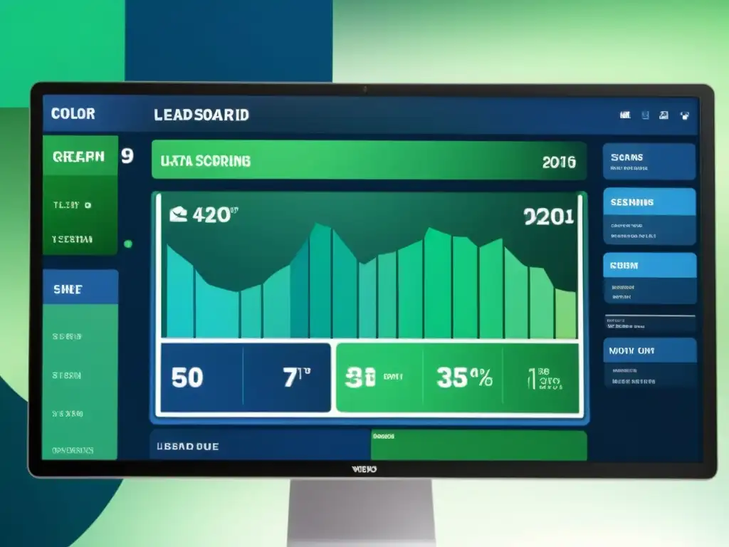 Una pantalla de ordenador muestra un panel de puntuación de leads con gráficos y algoritmos de aprendizaje automático