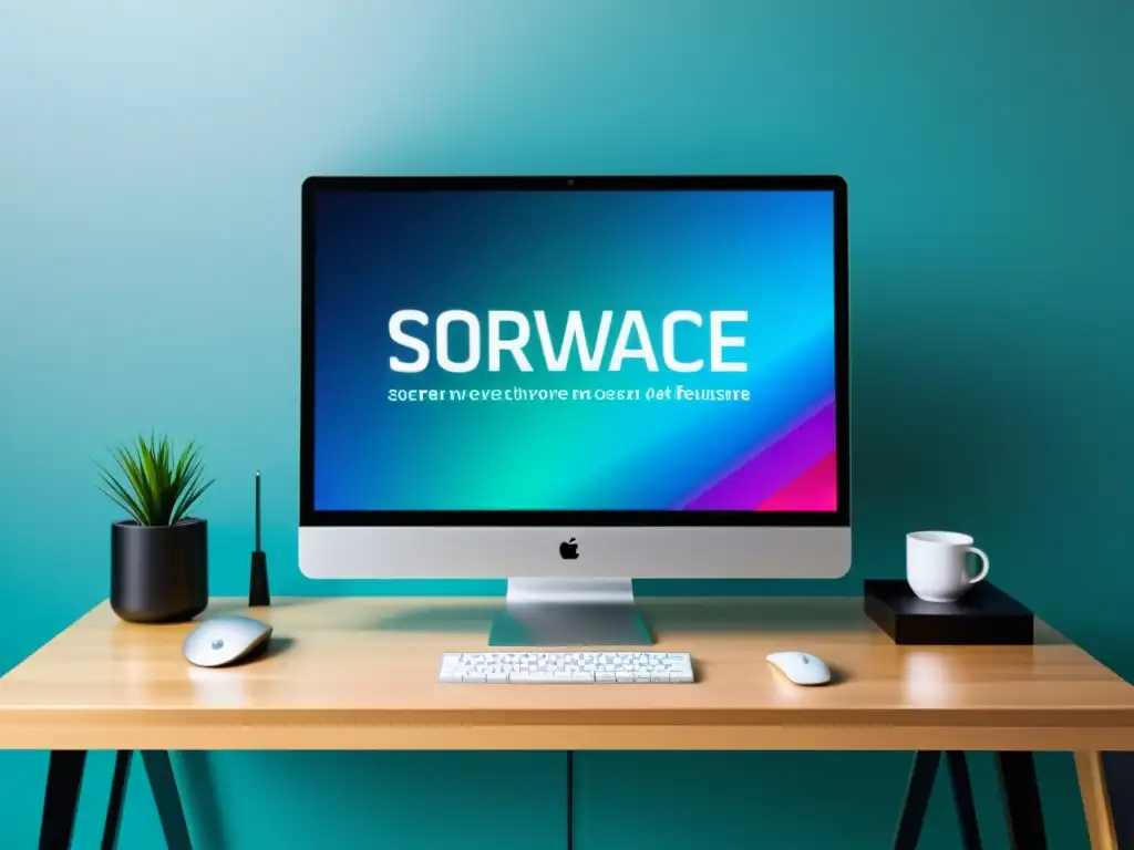 Una pantalla de ordenador muestra software de código abierto con gráficos vibrantes y diseño minimalista, en un espacio de trabajo futurista