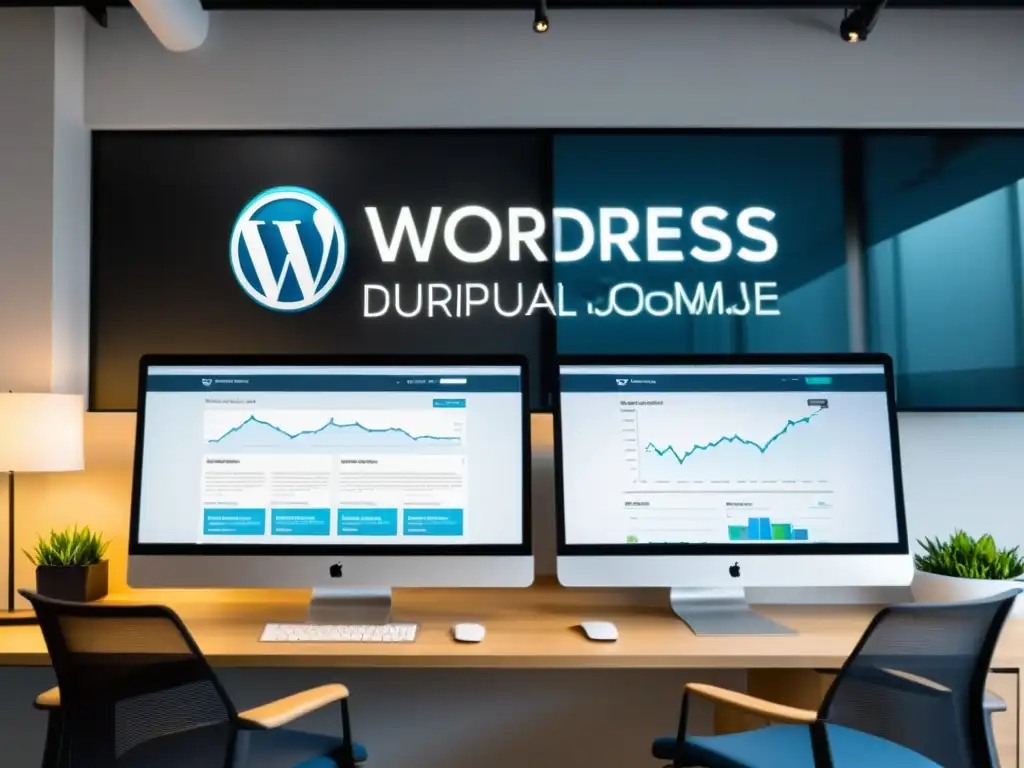 Tres pantallas muestran sitios web en WordPress, Drupal y Joomla, comparando su rendimiento en alta demanda