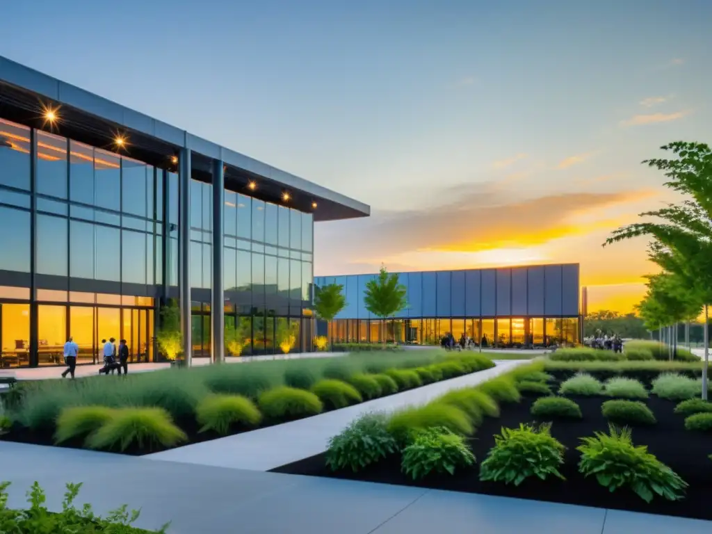 Un parque industrial bullicioso con edificios modernos rodeados de exuberante vegetación