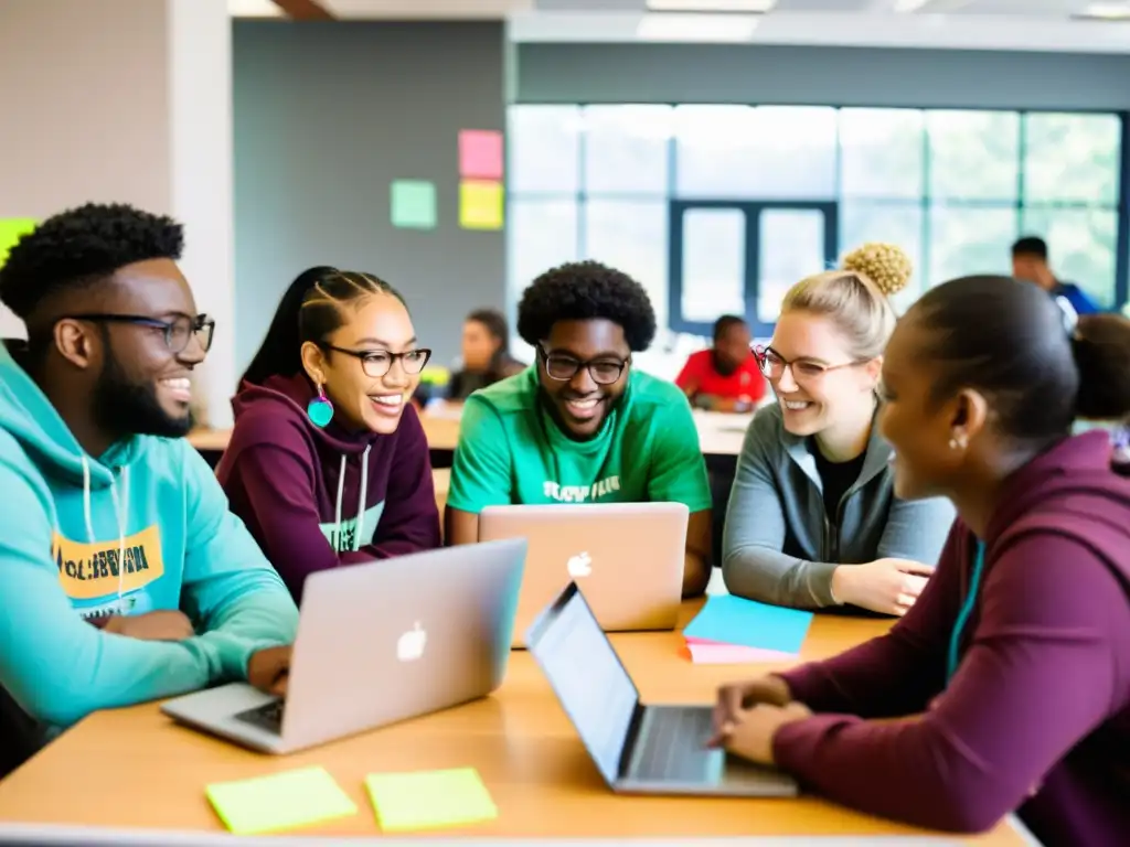 Participación en hackatones educativos: Estudiantes colaborando en un ambiente cálido y energético, rodeados de laptops, notas y creatividad