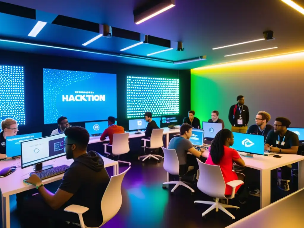 Participación en hackatones educativos: Grupo diverso colabora en espacio futurista lleno de tecnología, codificación y dinamismo