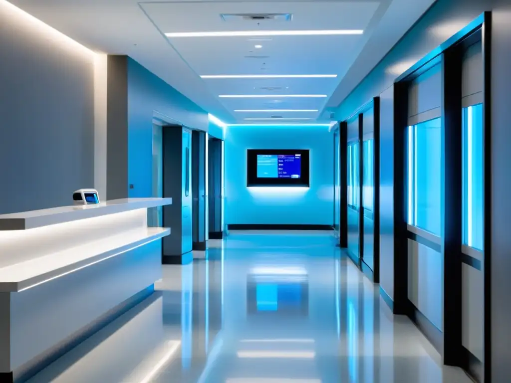 Un pasillo hospitalario moderno con diseño futurista y tecnológico