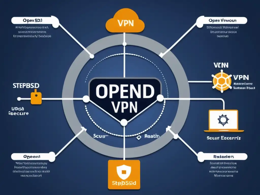 Implementación paso a paso de VPN en OpenBSD, destacando la seguridad en redes con OpenBSD en una ilustración detallada y profesional