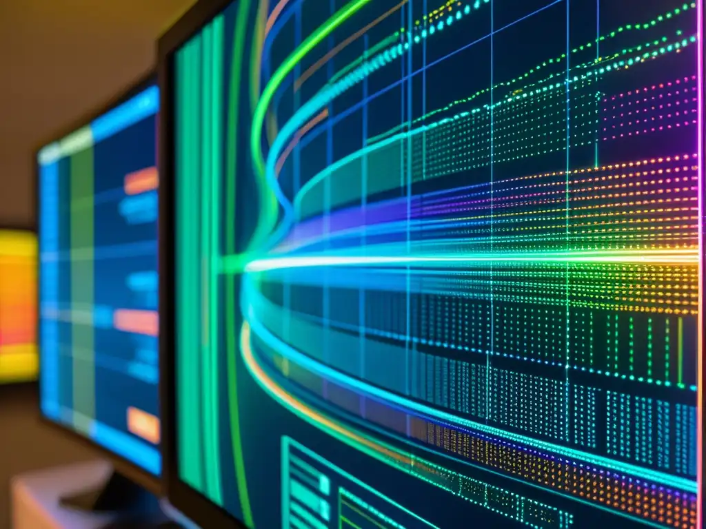 Patrones efectivos para IDS Open Source: Una pantalla de computadora muestra intrincados y coloridos patrones de tráfico de red, con líneas y nodos que representan el flujo y las conexiones de datos