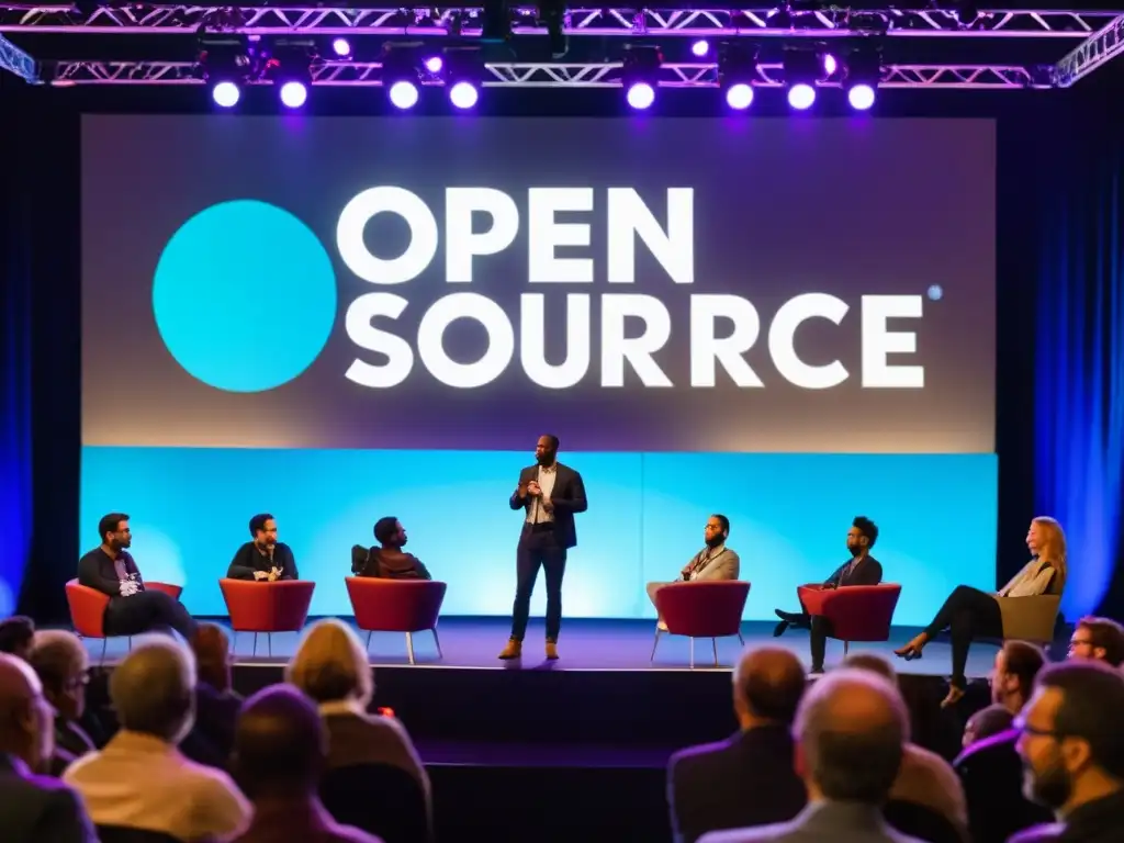 Perfiles de ponentes en Open Source Festival: Diversidad, pasión y energía en el escenario, con el público atento en primer plano