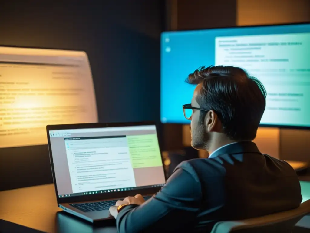 Periodista investigativo en la oscuridad: Tails OS en pantalla Un periodista trabaja en un cuarto tenue con el sistema operativo Tails en su laptop