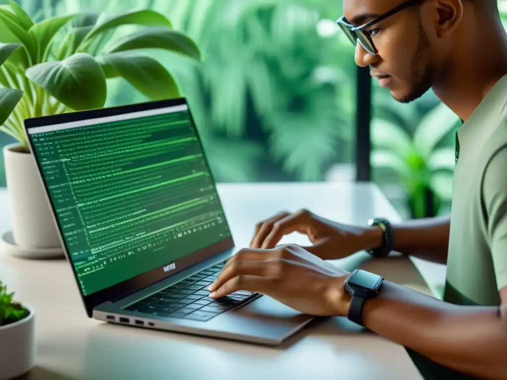 Persona aprendiendo Haskell en un ambiente moderno con plantas