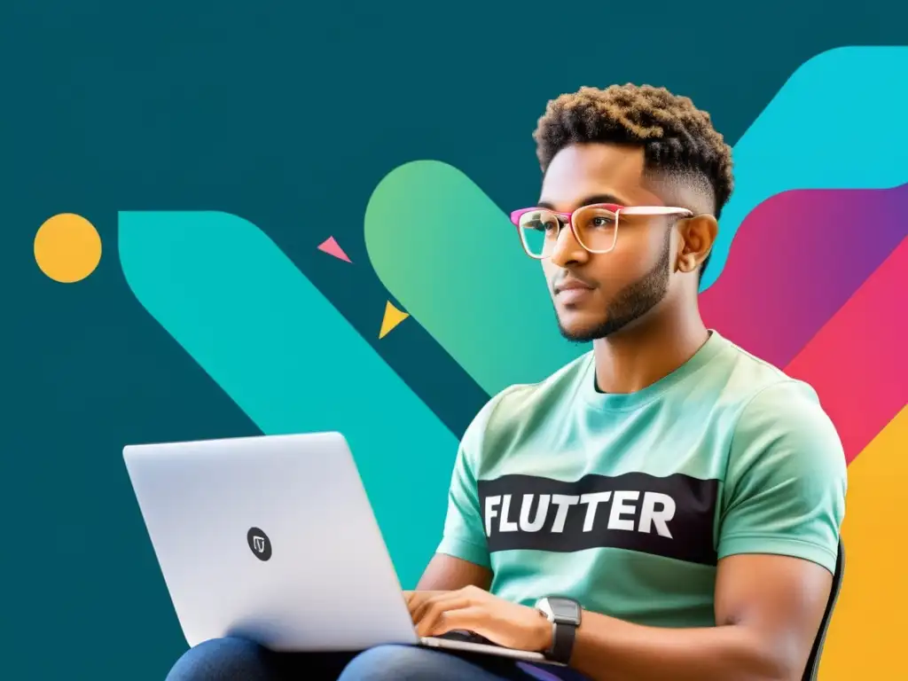 Persona codificando una aplicación con Flutter Open Source, rodeada de colores y diseño, reflejando innovación y creatividad