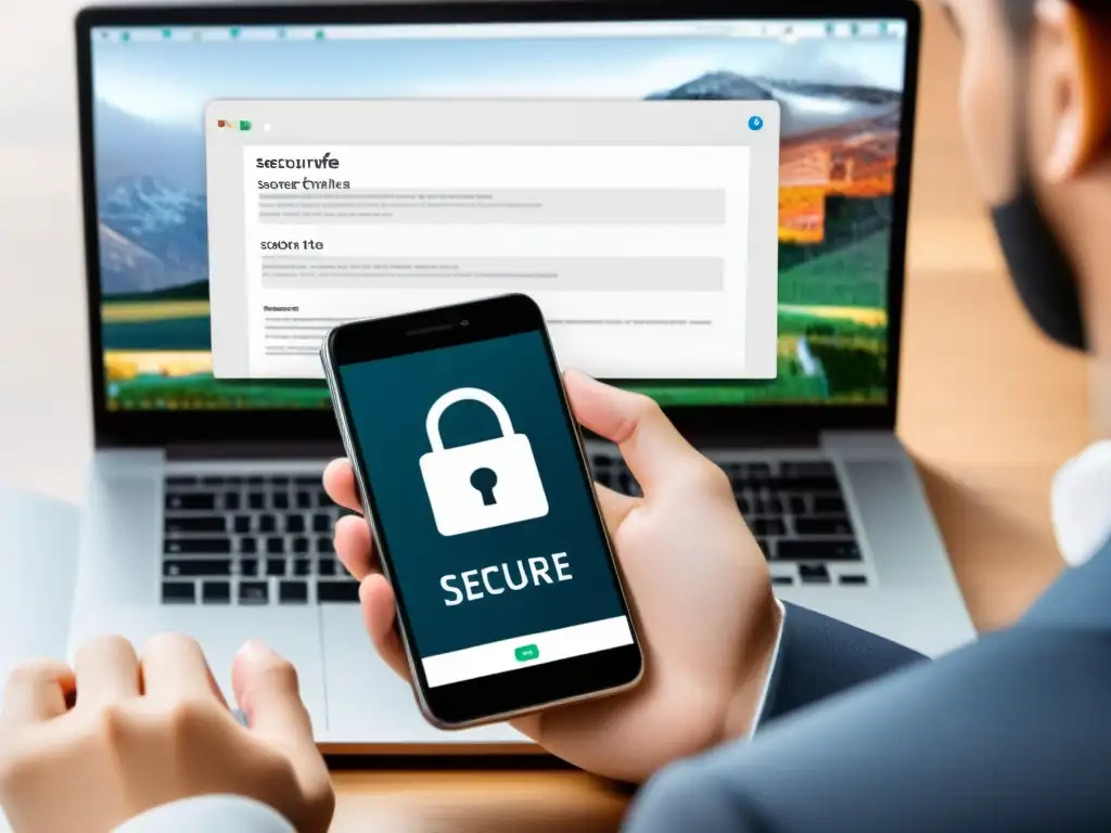 Persona transfiriendo archivos seguros a sistema operativo móvil desde laptop