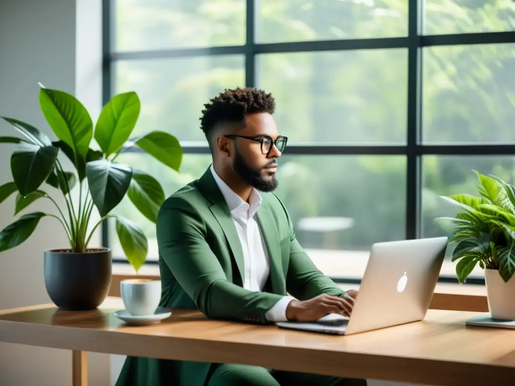 Persona trabajando en su blog, rodeada de plantas y luz natural, con una expresión determinada