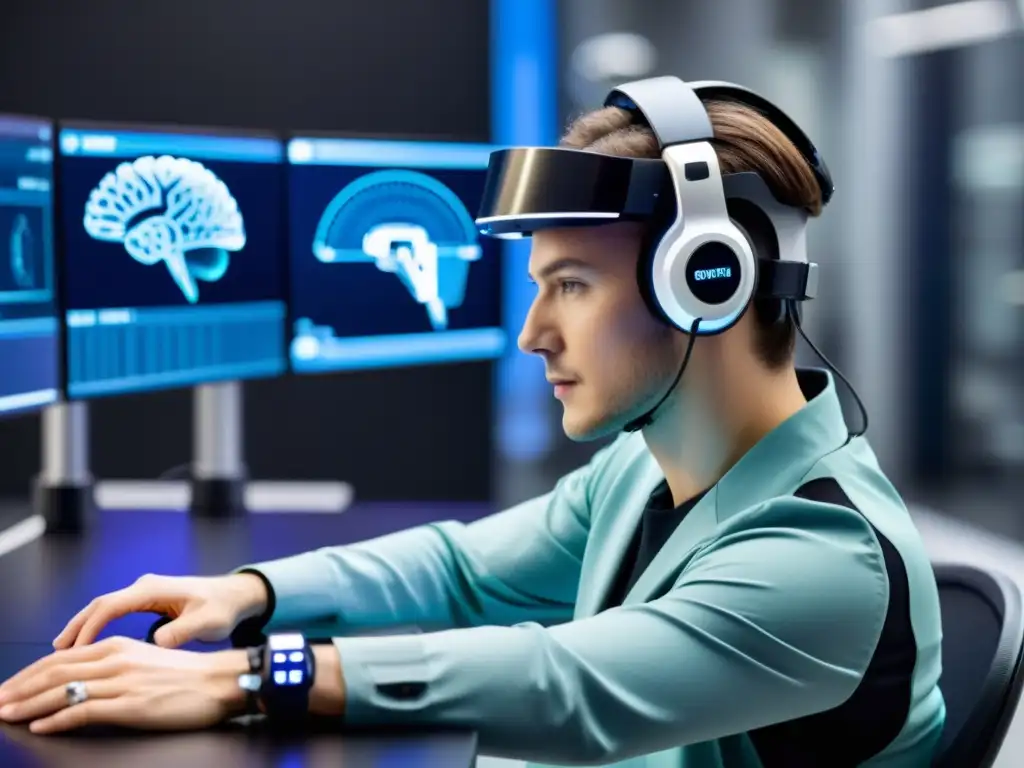 Persona controlando brazo robótico con interfaz cerebro-computadora en laboratorio futurista