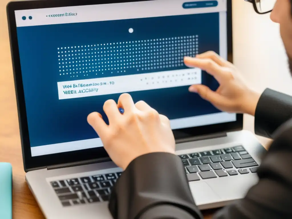 Persona ciega usando lector de pantalla y pantalla Braille en un sitio web accesible