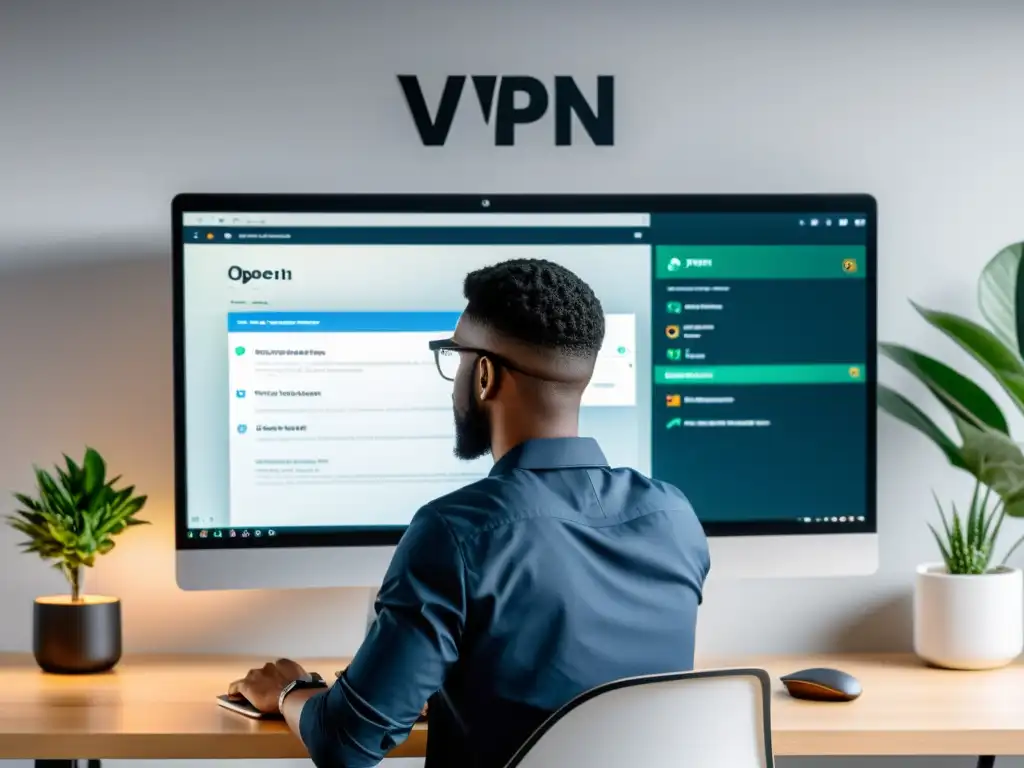 Persona usando VPN de código abierto para principiantes en una oficina moderna y minimalista