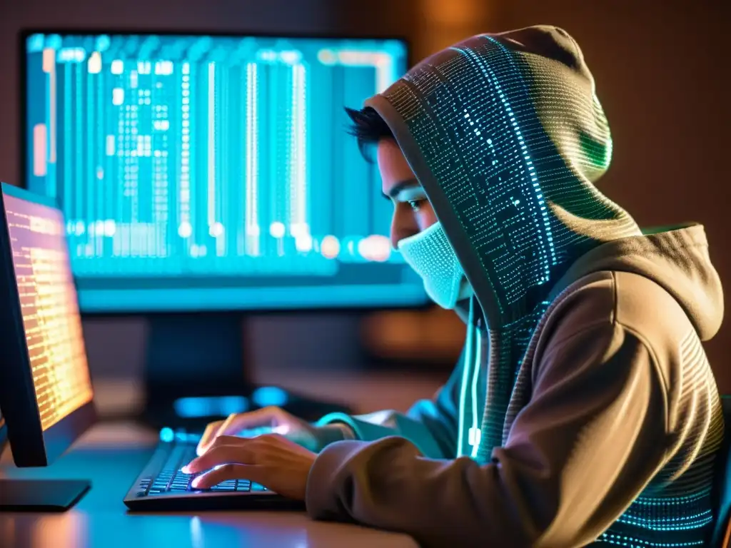 Persona en hoodie tecleando en computadora con códigos y patrones digitales, evocando proteger identidad en internet código abierto