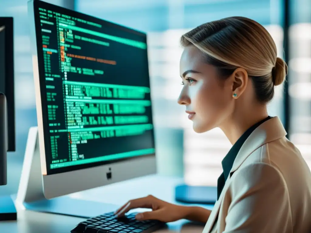 Persona concentrada usando un editor de texto terminal, rodeada de un entorno profesional y contemporáneo