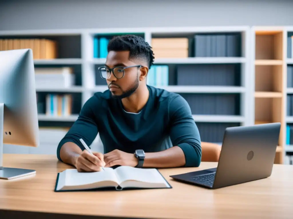 Persona concentrada estudiando guías autoaprendizaje software código abierto en un moderno espacio de trabajo iluminado y minimalista