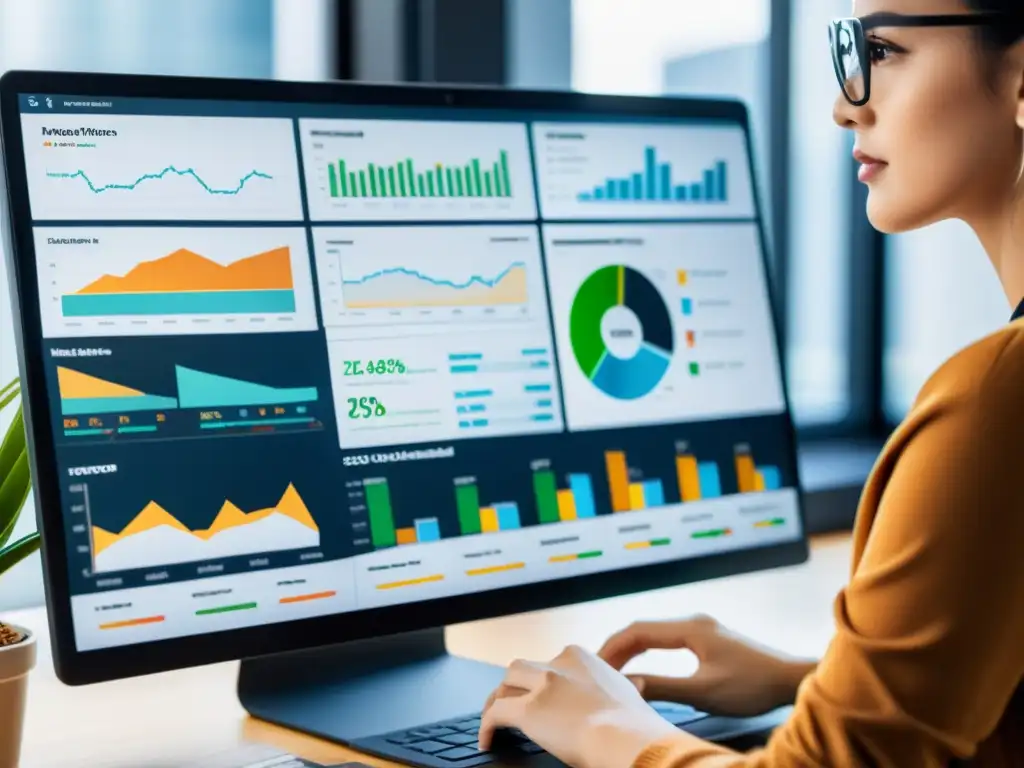 Persona concentrada construyendo un Dashboard SEO con software libre, rodeada de gráficos y datos