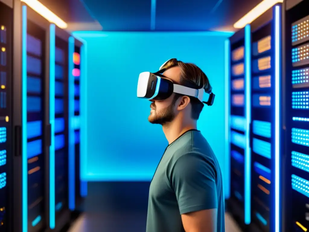 Persona usando VR para gestión contenedores Kubernetes en entorno tecnológico futurista