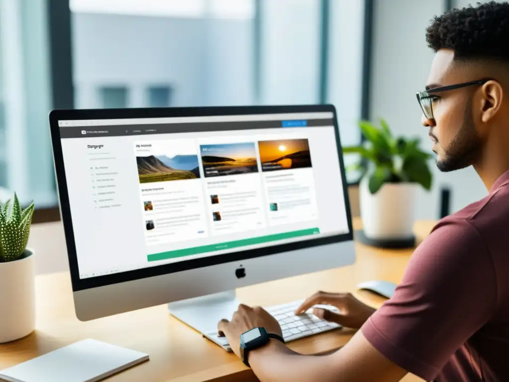 Persona migrando contenido de Blogger a WordPress en un espacio de trabajo moderno y enfocado
