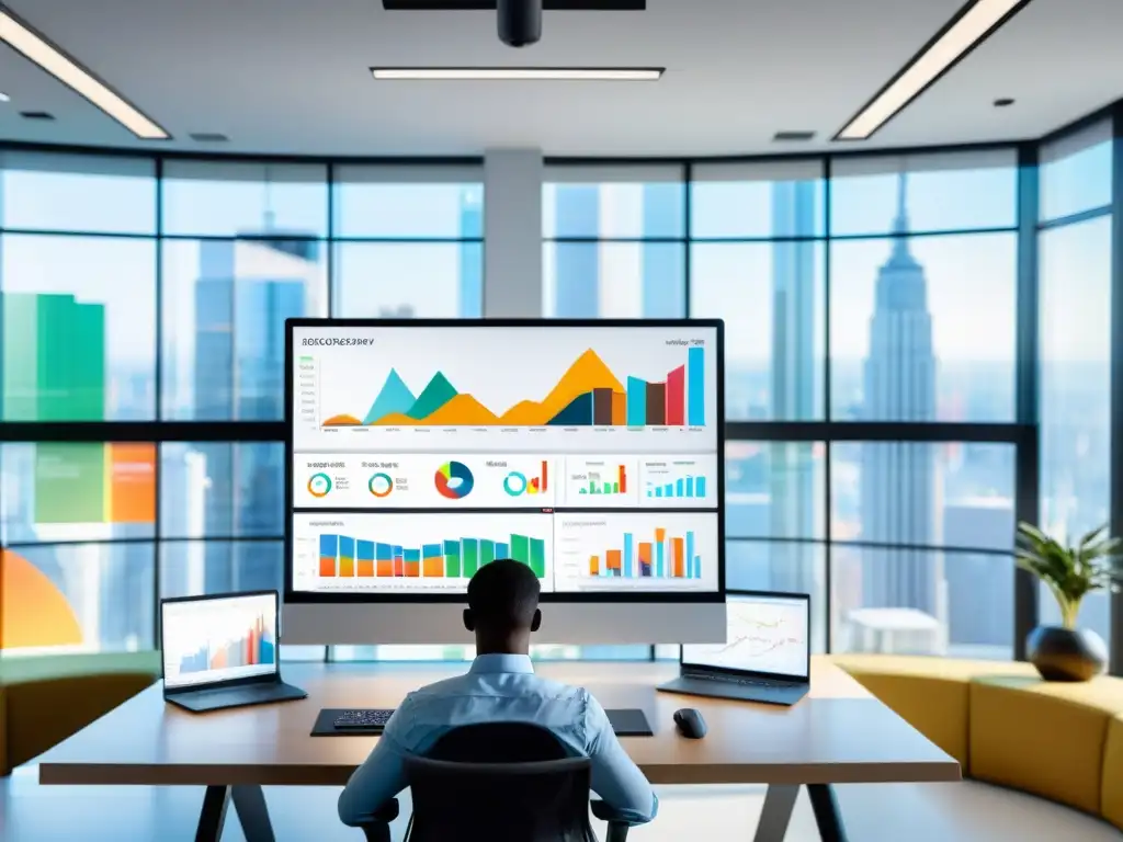 Persona analizando datos de análisis web en un monitor de alta resolución, rodeada de un moderno espacio de oficina