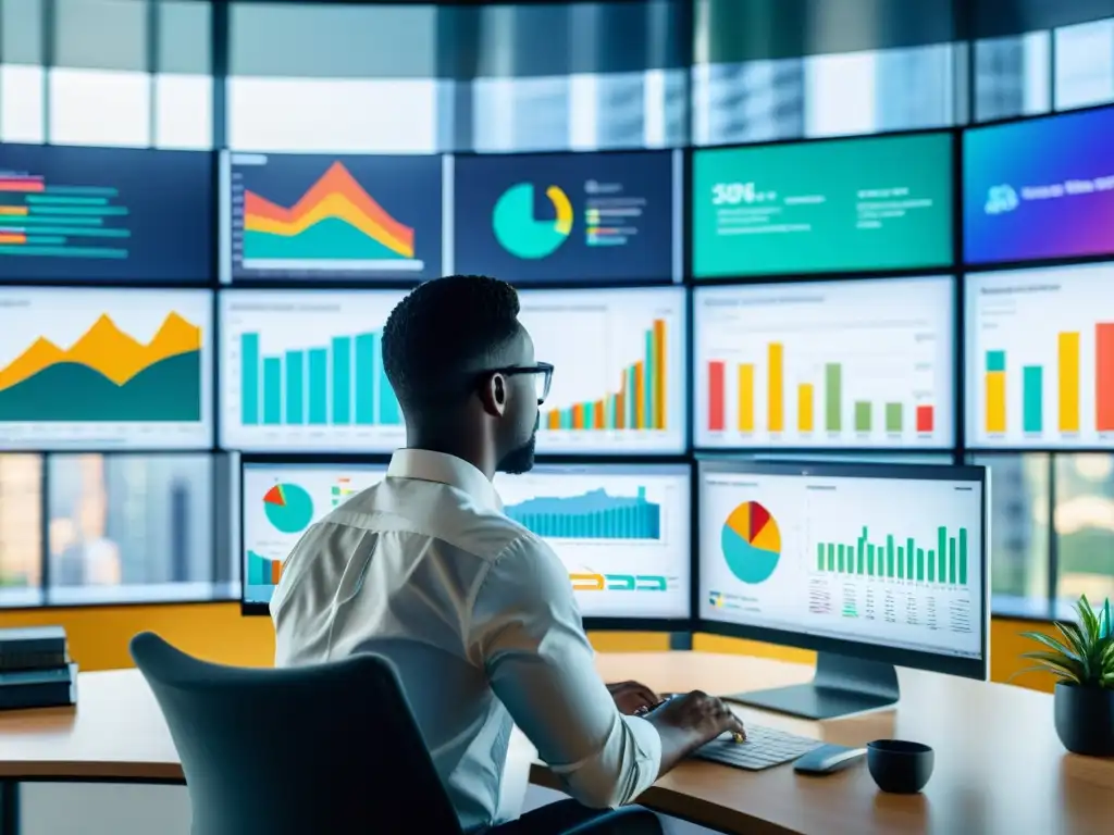 Una persona analiza datos en una pantalla de computadora con visualizaciones y gráficos coloridos de análisis de sentimientos